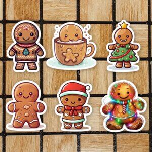Gingerbread Man Sticker Pack of 6 Vinyl Stickers - Xmas Waterproof Sticker Set